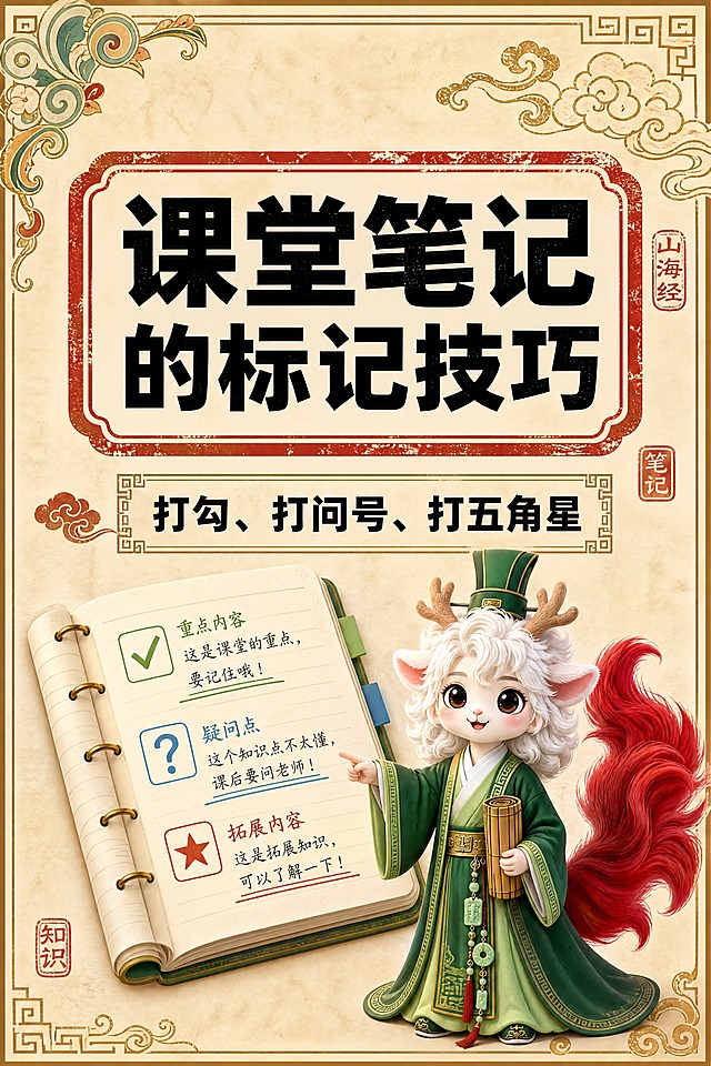 小红书笔记大字封面，配图大字，国风山海经风格，米黄色宣纸纹理背景、朱红色印章式标题框、黑色粗黑体标题字、回纹边框、祥云卷草纹边角装饰，整体典雅国风气韵。版式精美，小红书笔记封面质感，适合信息流点击。主标题必须完整呈现且为画面视觉中心，逐字锁定：「课堂笔记的标记技巧」。主标题字号占画面约 30% 视觉权重，清晰可读，不得增删改字。副标题：「打勾、打问号、打五角星」。背景：米黄色宣纸纹理纯色底，带轻微做旧质感。标题排版：黑色粗黑体，主标题置于朱红色印章式圆角矩形框内，白边描边。配图：画面下方展示一本带各种标记的笔记本特写（勾、问号、五角星符号），鹿蜀小神兽（绿金古装，手持竹简，红尾巴）站在本子旁指着标记，大小适中。装饰：右上角加祥云图案；左上角加卷草纹国风装饰；副标题用回纹细线框装饰；加少量国风印章小元素点缀。整体氛围：国风典雅、教育干货、技巧实用。画质：高清细腻，信息层级清晰，文字与背景强对比，所有文字完整处于安全区内不可裁切，四周留安全边距。图生图：【图1】= 鹿蜀小神兽全身像抠图，作为IP主体形象展示。画面比例 2:3，4K。