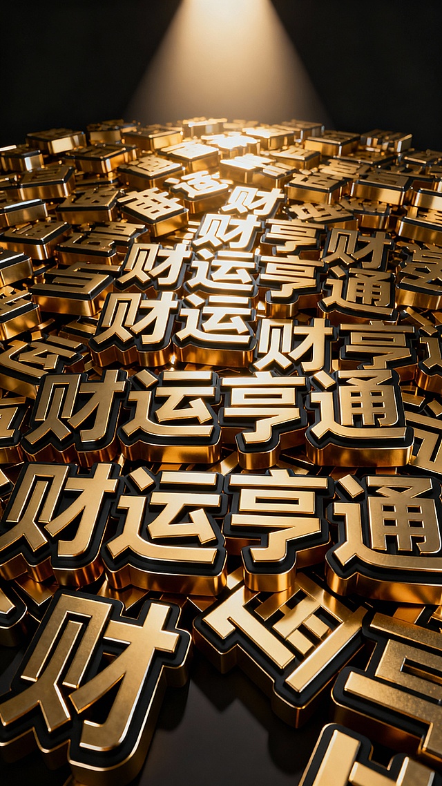 3D立体文字设计，无数"财运亨通"金色立体汉字以密集堆叠的方式充满整个画面，文字边缘有黑色描边，金色呈现出带有金属光泽的渐变质感，黑色边缘线条清晰锐利，整体光影效果为从上方斜射的柔和光线，在文字顶部形成明亮高光，底部和侧面产生自然阴影，营造出强烈的立体感和空间层次，背景为纯黑色，文字之间相互交错叠压，形成丰富的视觉密度，保持与原图一致的3D立体风格、金色与黑色的配色方案、金属质感光影以及密集堆叠的构图布局。