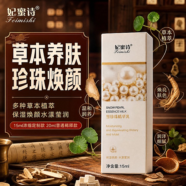[主图-1] 首图品牌调性，突出妃蜜诗雪珍珠精华乳的中药草本护肤定位，拼多多风格大字主标题，一眼抓住草本养肤卖点。
[统一基调] 中药国风视觉，背景主色为深棕红+米杏色，点缀暗金色线条和草本植物元素；标题字色为米白色粗体大字，辅助字色为浅金色，强调色为朱砂红；字体选用干净有力的非衬线粗体，字号层级分明；卡片用暗金细边框+半透明深棕底，整体古朴高级有质感。
[画面] 产品包装盒（妃蜜诗雪珍珠精华乳白色长方盒，正面印有珍珠图案和品牌名）居中偏右，占画面约55%，正面45度微仰视角，盒体立在古朴木质台面上。背景是中药铺风格虚化场景：木质药柜抽屉、铜制药臼、卷开的古药方卷轴、散落的干草本植物（人参片、茯苓、积雪草、苦橙皮等），柔和暖光从左上方打下来，在产品周围形成自然光晕。左上角放妃蜜诗品牌Logo。产品周围悬浮几株真实草本植物叶片和根茎，用细线引向产品，暗示草本成分融入。
[光影质感] 商业摄影质感，主光左上方45度柔光，产品右侧有柔和补光，盒体底部有自然接触阴影，珍珠图案有温润光泽，背景虚化突出主体，整体暖调古朴氛围。
[配色] 深棕红主背景+米杏色台面+暗金装饰+朱砂红强调色，草本植物的绿色作为点缀，不抢主色。
[文字版式] 画面左侧竖排区域放大字主标题："草本养肤 珍珠焕颜"，下方两行辅助文案："多种草本植萃 保湿焕颜水漾莹润"，再下方小字："15ml浓缩定制款 20ml普通稀释款"。标题最大最粗，辅助文缩小60%，用半透明深棕底卡片承载文字，不遮挡产品主体。
[输出要求] 1:1正方形比例，文字清晰可读，产品清晰不变形，无错字，无杂乱元素，无水印，无拼多多平台Logo，禁止出现生产厂家信息，禁止写具体草本种类数量。