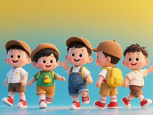 一组六幅亚洲男婴的3D动画形象，每个形象大约一岁左右，姿势和角度各异，但仍然保持着相同的可爱核心元素：棕色帽子、白色衬衫、苔绿色牛仔围兜、黄色背包、黄色小鸭子挂件、红色鞋子和白色袜子。整体配色采用鲜艳的蓝黄色调，背景统一。人物轮廓圆润，大眼睛，夸张可爱的表情，胖乎乎的脸颊和微笑的嘴唇，以及黑色的短平头。每个男婴都摆出了各种姿势（例如挥手、跳跃、行走、站立、转身和微笑）。所有图像整齐地排列在同一帧中