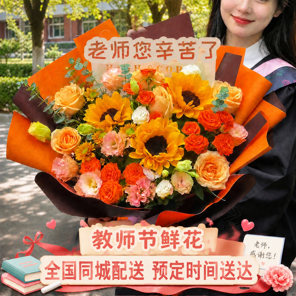 调整底部两行文字大小：将“教师节鲜花”5个字再稍微缩小一点（缩… - 图片创意预览