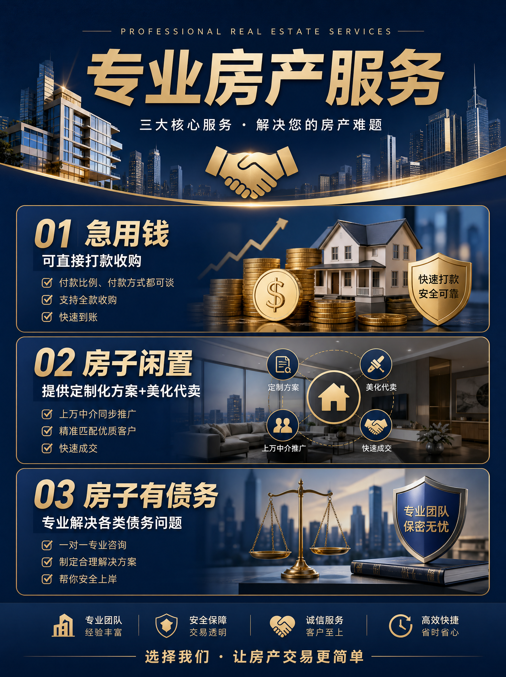 房产服务宣传海报，专业大气的商务风格，深蓝色与金色为主色调。画… - 图片创意预览
