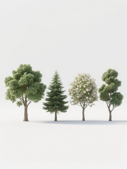 高分辨率3D渲染的四棵不同品种树木，保持与单棵树一致的超写实风格，树干纹理清晰，绿色树冠茂密自然有层次感，光影效果柔和真实。四棵树排列整齐，间距均匀，品种区分明显（例如一棵阔叶、一棵针叶、一棵开花、一棵造型独特），外观各具特色，均以白色为纯净背景，画面简洁干净，树木主体突出，整体视觉统一协调。预览效果