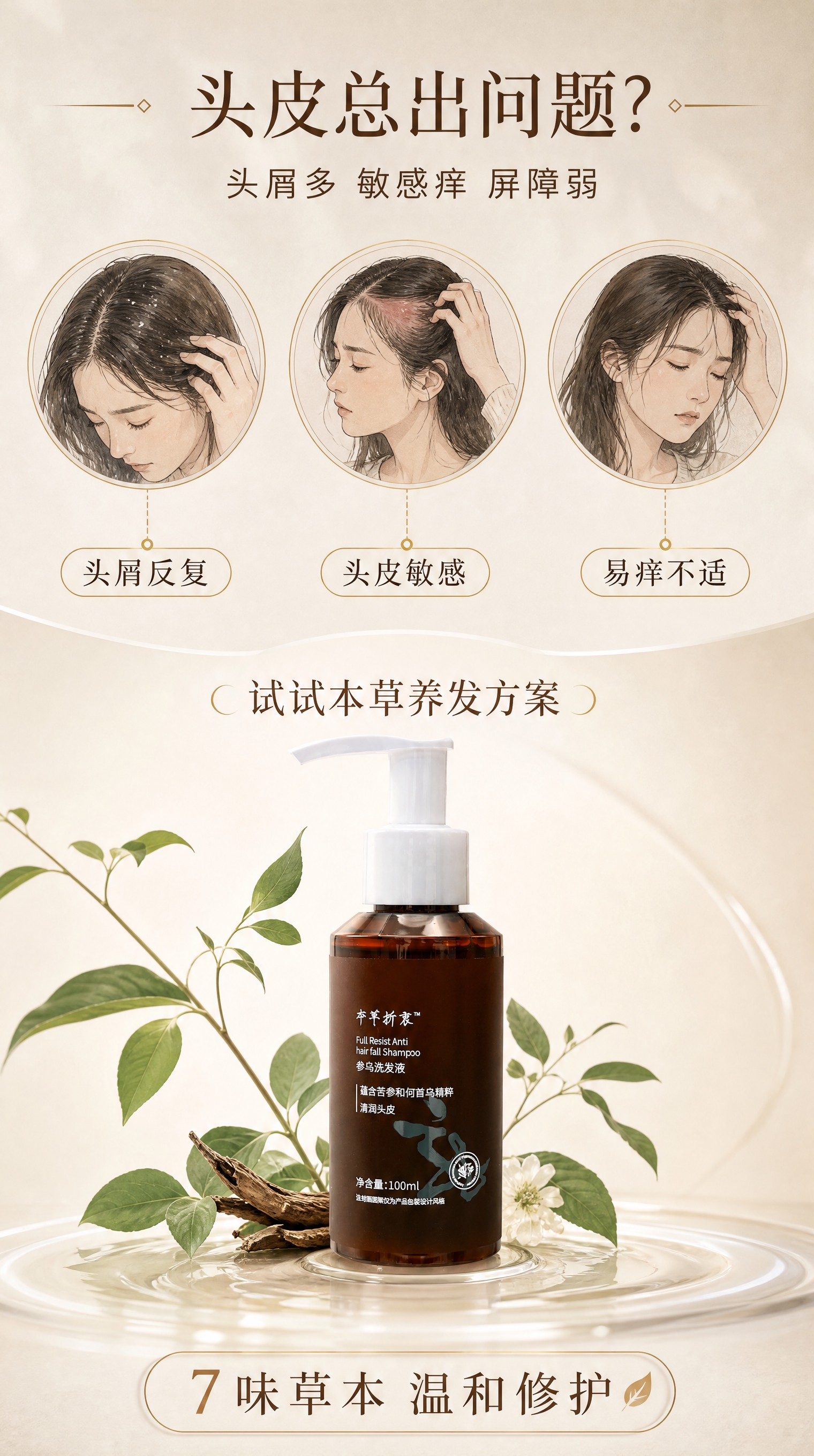 [商品] 使用产品图（本草折衷参乌洗发液）；保留深棕色圆柱形瓶… - 图片创意预览