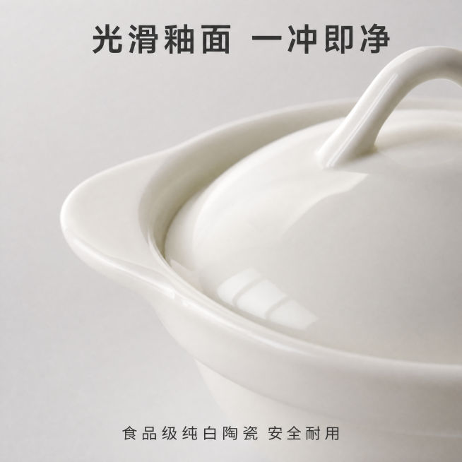 [主图-3] 陶瓷釉面细节放大展示
[氛围风格] 微距特写，突出材质品质感
[画质] 超高清商业摄影，细节清晰锐利
[元素] 放大展示蒸蛋碗的陶瓷釉面和边缘细节，侧逆光照射突显釉面的光洁润泽，保持产品预览效果