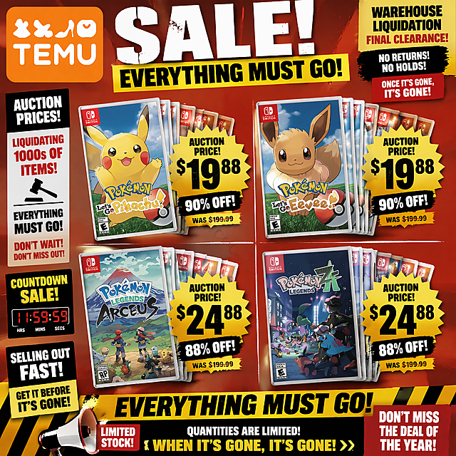 TEMU SALE, EVERYTHING MUST GO!, square format, auction and liquidation theme, 4 Nintendo Switch games arranged in quadrants, multiple copies behind each game, oversized yellow burst prices, red background, sold-out atmosphere, countdown sale feeling, bold black and white typography, aggressive discount messaging, warehouse liquidation style, highly dynamic retail poster