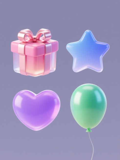 一系列四个不同元素的3D渲染图标，保持统一的渐变玻璃质感，每个元素都有光滑的表面、柔和的高光和半透明效果，搭配带有光泽的丝带蝴蝶结装饰，元素分别为：粉色渐变礼盒、蓝色渐变星星、紫色渐变爱心、绿色渐变气球，所有元素规整排列在纯色背景上，整体色彩明快清新，风格统一且细节精致。预览效果