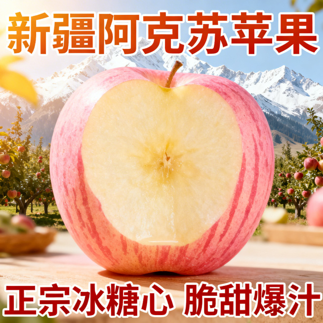 新疆阿克苏苹果电商主图，画面中心是带着冰糖心切面的阿克苏苹果，表皮红粉相间带有条纹，背景是新疆雪山和苹果园的模糊场景，上方有醒目的文字"新疆阿克苏苹果"，下方用更大的字体突出"正宗冰糖心 脆甜爆汁"，预览效果