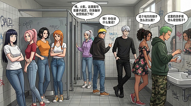 让两张图中所有人物在公厕上厕所，人物随机更换休闲服，女性可以更换发型，不能戴面罩。场景布局和人物活动随机，人物根据性格互动并加入中文对话(图3人物性格高智商偏I的ENTP)，人物不能减少和重复。画风真实，生成10张