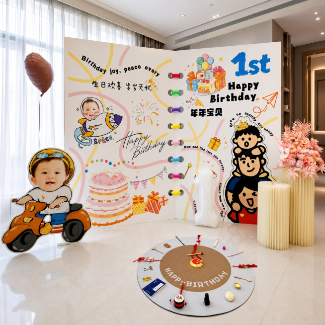 更换背景为家里现场实拍布置效果，高端大气，展示完整宝宝周岁生日布置，高清明亮，氛围感强，作为电商主图，尺寸为1440×1440预览效果