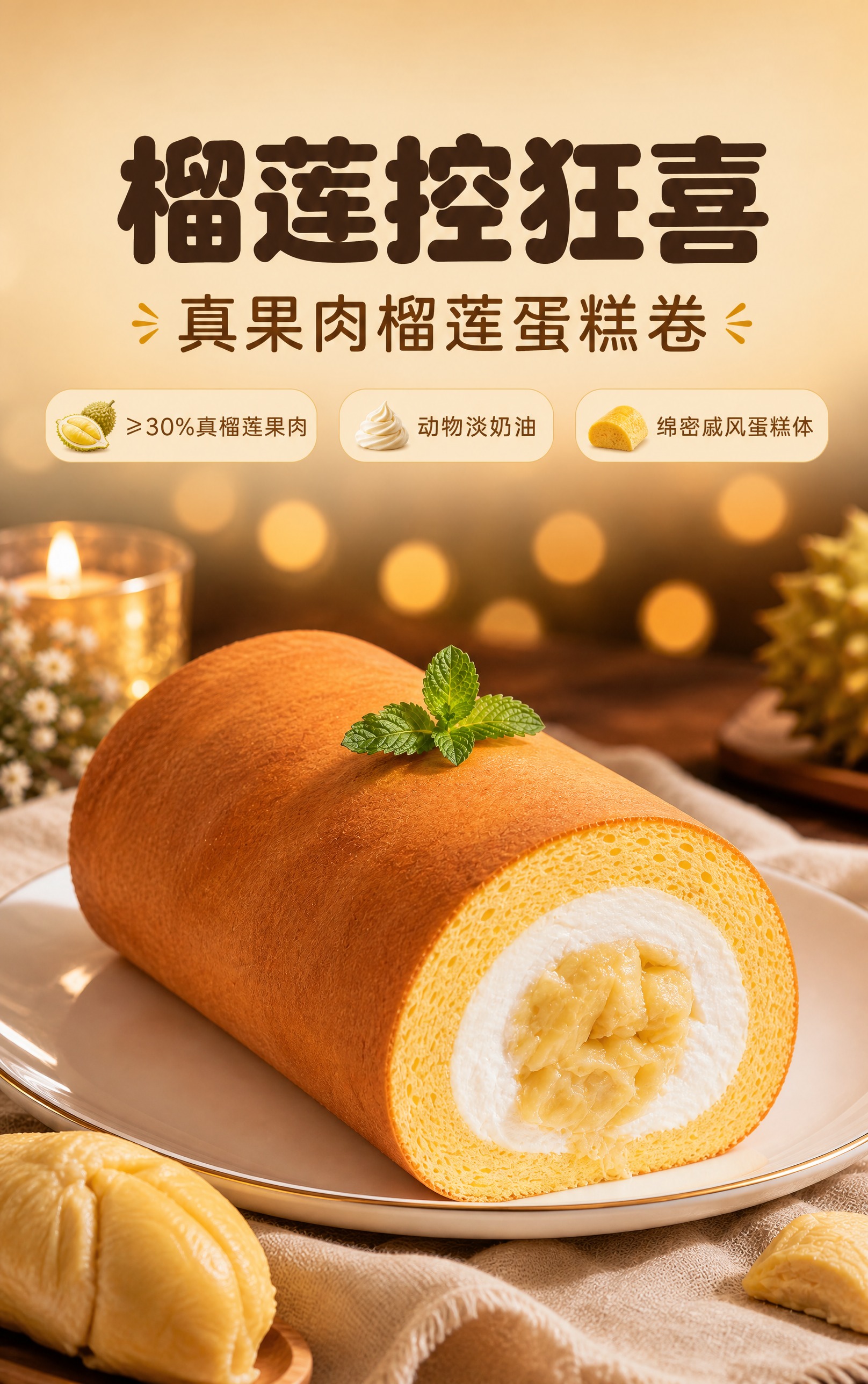 [商品] 使用【图1】榴莲蛋糕卷；保留圆柱形蛋糕卷造型、金黄色… - 图片创意预览