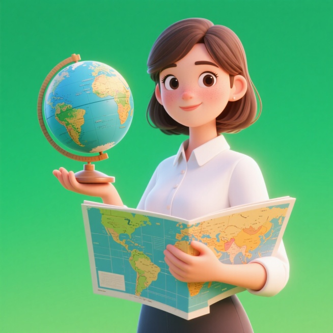 年轻女教师（手持地球仪和地理地图，穿白色衬衫），元素完整。绿色渐变背景预览效果