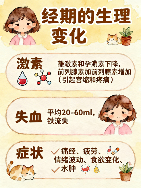 竖版3:4构图，暖色调手绘水彩风，线条柔和，米黄、浅粉、浅棕配色。画面中有Q版卡通女生，表情略带疲惫，角落点缀猫咪和小盆栽。上方加粗大号标题“经期的生理变化”，下方分三个圆角边框模块：1. 激素：雌激预览效果