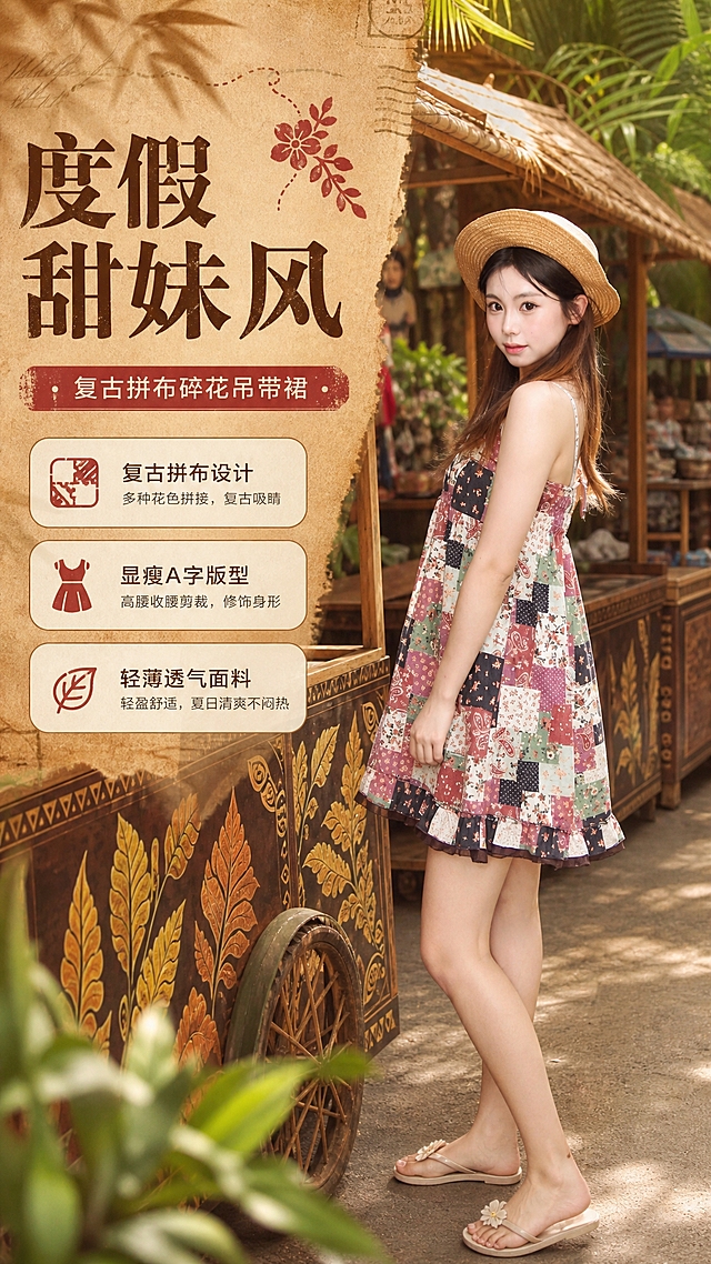 [商品] 使用【图1】复古拼布碎花吊带连衣裙；商品处理：保留吊带设计、拼布碎花图案、高腰A字版型、荷叶边下摆、颜色和轻薄面料；自然去除衣身杂乱褶皱，理顺垂坠，增强面料纹理、缝线和荷叶边质感，不改变版型和结构。模特保留同一张面孔、草帽和长发。
[画面] 目标：风格头图，营造南洋度假市集氛围，突出整体穿搭风格。构图：左文右图竖版，模特位于画面右侧偏中，侧身回望镜头，姿态自然松弛，产品占画面60%。前景：木质市集推车局部；中景：模特全身+拼布碎花裙全貌；后景：虚化的热带植物与东南亚市集摊位，形成3层景深。阅读动线从左上标题到右下人物。
[视觉] 套系策略：风格=南洋度假风复古画报商业摄影；标题字=复古衬线粗体带轻微做旧质感；正文字=简洁无衬线体；主色=暖棕木色；背景延展=基于暖棕木色做深浅层级、同色渐变和木纹/藤编/旧纸张质感；强调色=豆沙红，仅用于小面积图标、引线和标签；标题色=深棕褐色；正文色=暖米灰；组件=圆角米白底信息卡、细线引线、复古标签；光影=左前侧暖金色柔光，带轻微胶片颗粒感。
[文字] 左上留白放主标题"度假甜妹风"、副标题"复古拼布碎花吊带裙"和3个短卖点：「复古拼布设计」「显瘦A字版型」「轻薄透气面料」，文字不遮挡服装主体和人物面部。
[规格] 图片比例9:16竖版，4K，避免变形、错字、文字过小、冷蓝/蓝灰背景、衣服颜色改变、版型失真、白底、电商平台Logo。