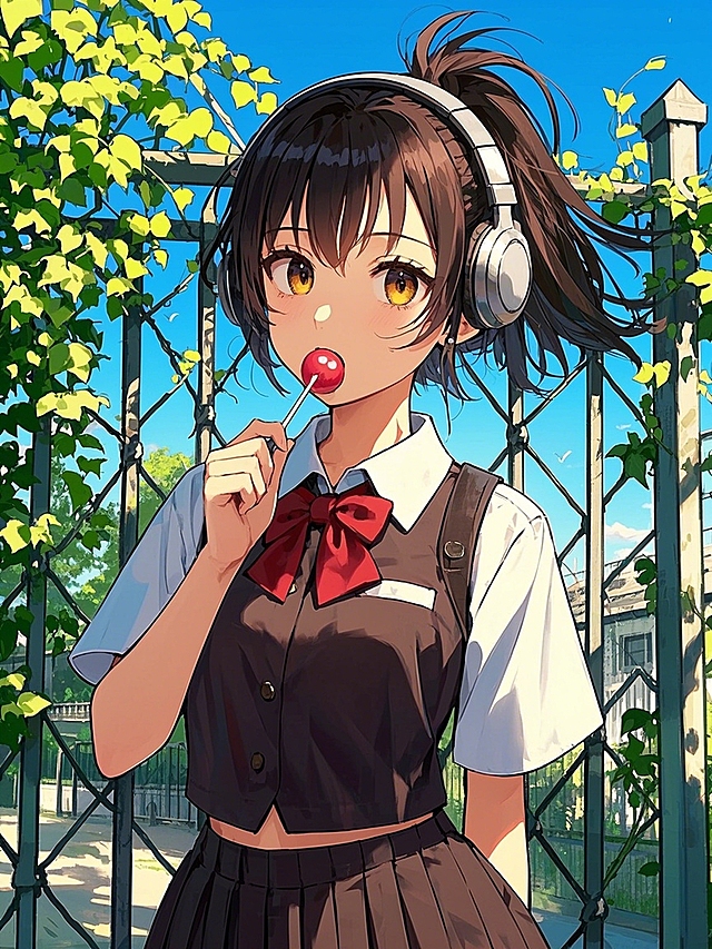 赛璐璐风格，二次元，动漫，复古漫画，日系叛逆少女，深棕色马尾飘逸，脖子上有头戴式耳机，嘴里咬着一根棒棒糖，jk套装，背景是院子栅栏