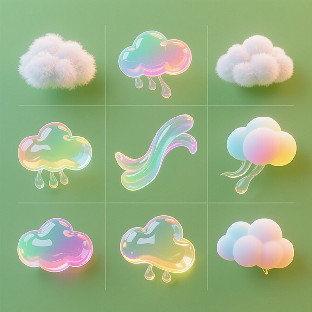 梦幻软3D风，清新液态云朵，色彩渐变，可爱造型，节日氛围。
