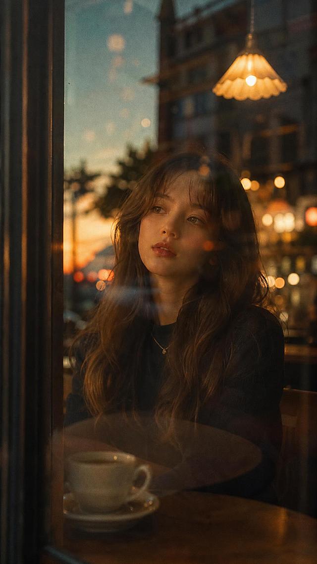 胶片人像摄影，黄昏咖啡馆场景，一位浅棕色长卷发的年轻女生，穿着深色上衣，佩戴细项链，安静地坐在咖啡馆窗边，隔着玻璃进行拍摄，玻璃表面带有朦胧的反光效果，黄昏暖色调光线，复古吊灯悬挂在背景中，背景有虚化的光斑散景，整体氛围安静治愈，电影级景深效果，胶片颗粒质感，温暖柔和的光影，复古电影感