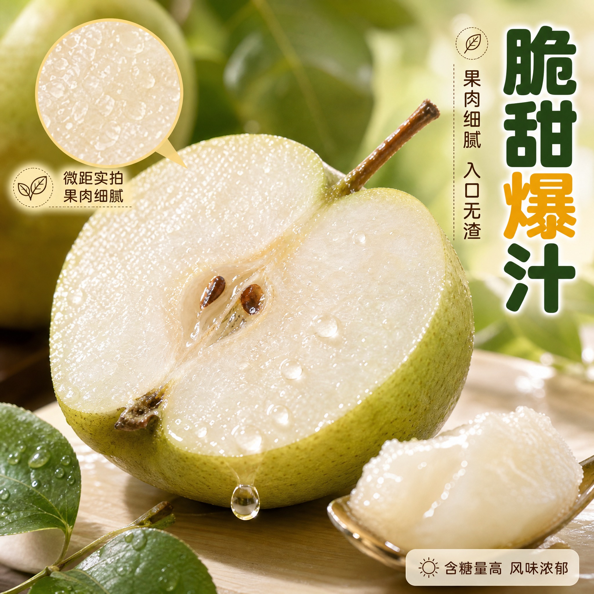 [主图-3] 延边苹果梨细节微距与口感展示图，放大果肉纹理与汁… - 图片创意预览