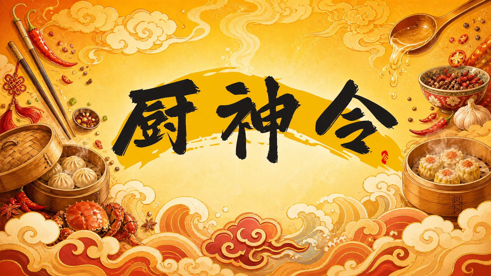 以图中的"厨神令"书法字体为主体保持不变，在其周围装饰餐饮主题… - 图片创意预览