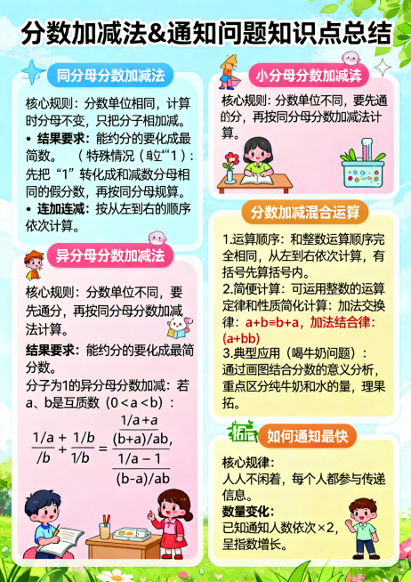 小学数学知识点总结海报，A4竖向排版，标题为"分数加减法&通知问题知识点总结"，包含同分母分数加减法、异分母分数加减法、分数加减混合运算、拓展如何通知最快四大知识点，排版清晰，色彩明亮活泼，吸引小学生预览效果