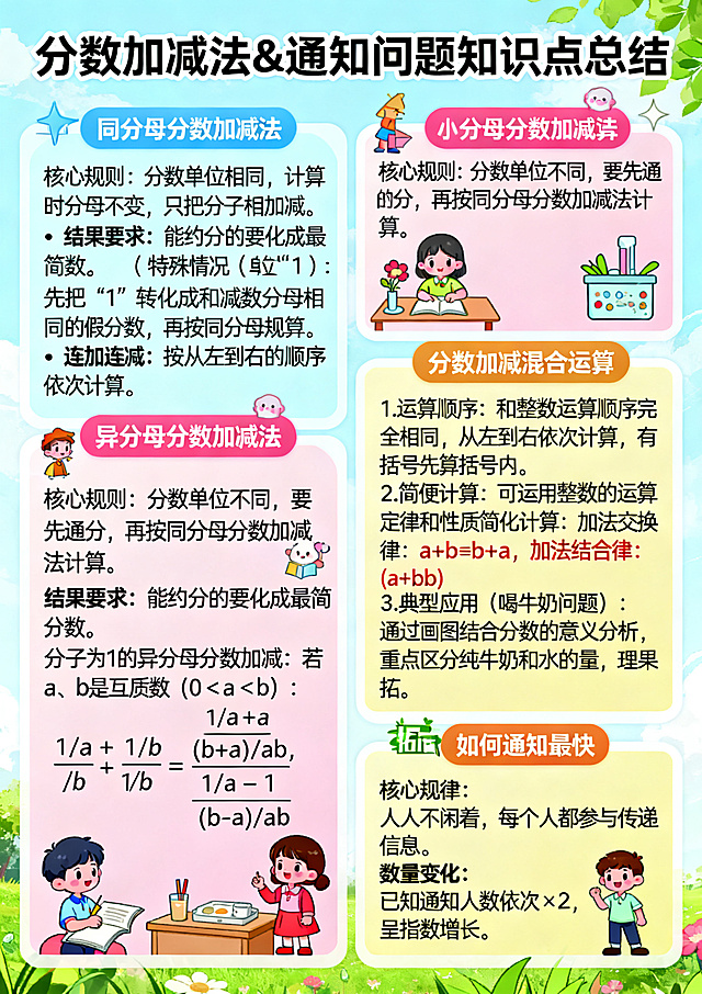 小学数学知识点总结海报，A4竖向排版，标题为"分数加减法&通知问题知识点总结"，包含同分母分数加减法、异分母分数加减法、分数加减混合运算、拓展如何通知最快四大知识点，排版清晰，色彩明亮活泼，吸引小学生和家长，设计精美, 内容包含：
一、同分母分数加减法
核心规则：分数单位相同，计算时分母不变，只把分子相加减。
结果要求：能约分的要化成最简分数。
特殊情况（单位“1”的计算）：先把“1”转化成和减数分母相同的假分数，再按同分母规则计算。
连加连减：按从左到右的顺序依次计算。
二、异分母分数加减法
核心规则：分数单位不同，要先通分，再按同分母分数加减法计算。
结果要求：能约分的要化成最简分数。
分子为1的异分母分数加减：
若a、b是互质数（0 < a < b）：
1/a + 1/b = (b+a)/ab
1/a - 1/b = (b-a)/ab
若a、b不是互质数：用a、b的最小公倍数作分母，再通分计算，结果约成最简分数。
三、分数加减混合运算
1.运算顺序：和整数运算顺序完全相同，从左到右依次计算，有括号先算括号内。
2.简便计算：可运用整数的运算定律和性质简化计算：
加法交换律：a+b=b+a
加法结合律：(a+b)+c=a+(b+c)
减法的性质：a-b-c=a-(b+c)
3.典型应用（喝牛奶问题）：通过画图结合分数的意义分析，重点区分纯牛奶和水的量，理解“每次喝的混合液体中，纯牛奶和水的占比”。
四、拓展：如何通知最快
核心规律：人人不闲着，每个人都参与传递信息。
数量变化：已知通知人数依次×2，呈指数增长。