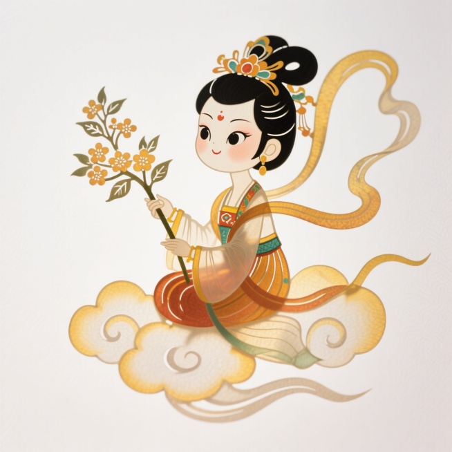 Q版风格：嫦娥手中拿着一支桂花坐在祥云上，纯白色背景，完整展示预览效果