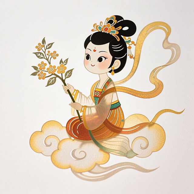 Q版风格：嫦娥手中拿着一支桂花坐在祥云上，纯白色背景，完整展示