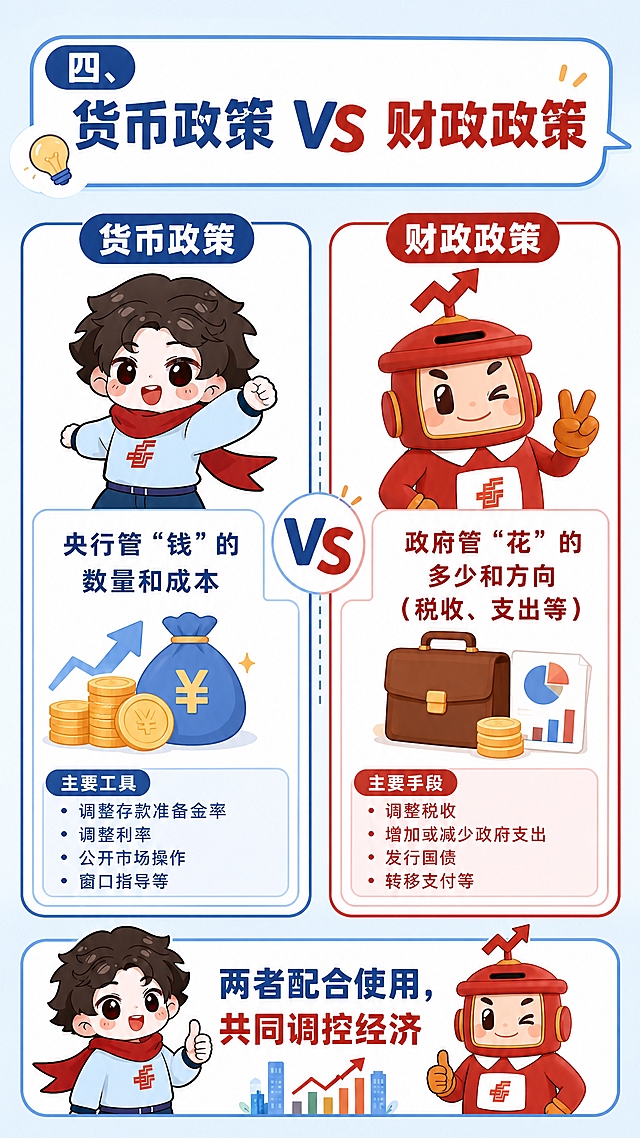 第7张 货币政策vs财政政策对比科普页。本张使用【图1】蓝衣红围巾男孩和【图2】红色邮储机器人双IP形象。
[氛围/风格] 卡通科普风，活泼明快，扁平插画风格，对比图解清晰。
[元素布局] 顶部为标题区；中间左右分栏对比，左栏配蓝衣红围巾男孩IP代表货币政策，右栏配红色邮储机器人IP代表财政政策；中间用VS符号或分割线隔开；底部有"两者配合使用，共同调控经济"的总结区；各区域间隙大，布局宽松舒适。
[光影质感] 柔和均匀的卡通平涂光影，明亮通透。
[配色色系] 全局底色浅蓝#E8F4FF；主色深蓝色#1E3A8A、邮储红#B22222；辅助色白色、浅蓝、浅红。
[视角构图] 竖版构图，左右对比布局，阅读动线自上而下。
[文字版式] 顶部大标题："四、货币政策 vs 财政政策"；左栏蓝色标题"货币政策"，下方文字"央行管'钱'的数量和成本"，配钱币图标；右栏红色标题"财政政策"，下方文字"政府管'花'的多少和方向（税收、支出等）"，配公文包图标；底部总结区文字："两者配合使用，共同调控经济"；所有文字行间距大，间隙宽松，清晰易读。
[比例分辨率] 9:16竖版比例，4K分辨率，文字清晰可辨，高清画质。
[负向提示词] 变形，水印，文字错乱，文字过小，IP形象变形，颜色偏差，背景杂乱。