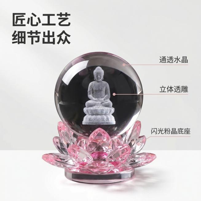 [主图 2]
[主图主题] 莲台珠里见佛水晶球核心卖点展示
[氛围/风格] 高级质感，细节清晰，禅意雅致
[画面元素] 以原产品为主体，使用细节标注的形式，用纤细浅粉色引线标注产品核心部位：引线1指向预览效果