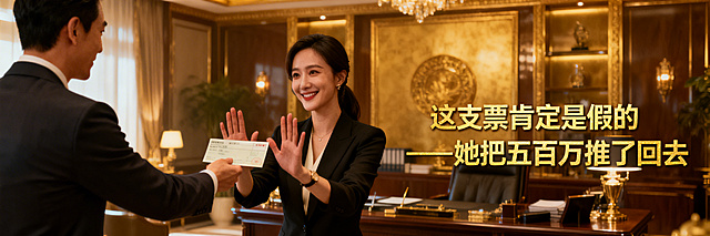短剧广告横幅，真人摄影风格，电影质感，豪华办公室场景，亚洲帅气总裁递出支票，亚洲美女面带微笑双手推拒；画面右侧添加金色标题文字："这支票肯定是假的——她把五百万推了回去"