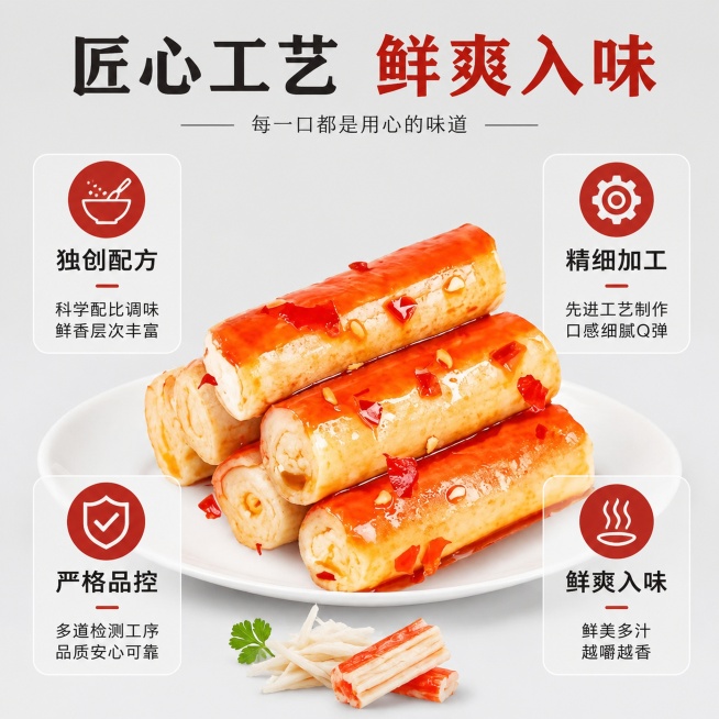 [主图-9] 品牌核心工艺展示。[氛围风格] 专业可信，干净品牌风。[画质] 高清商业摄影，信息清晰。[元素] 蟹柳棒产品居中，周围用四个小模块展示核心工艺：独创配方 精细加工 严格品控 鲜爽入味，每预览效果