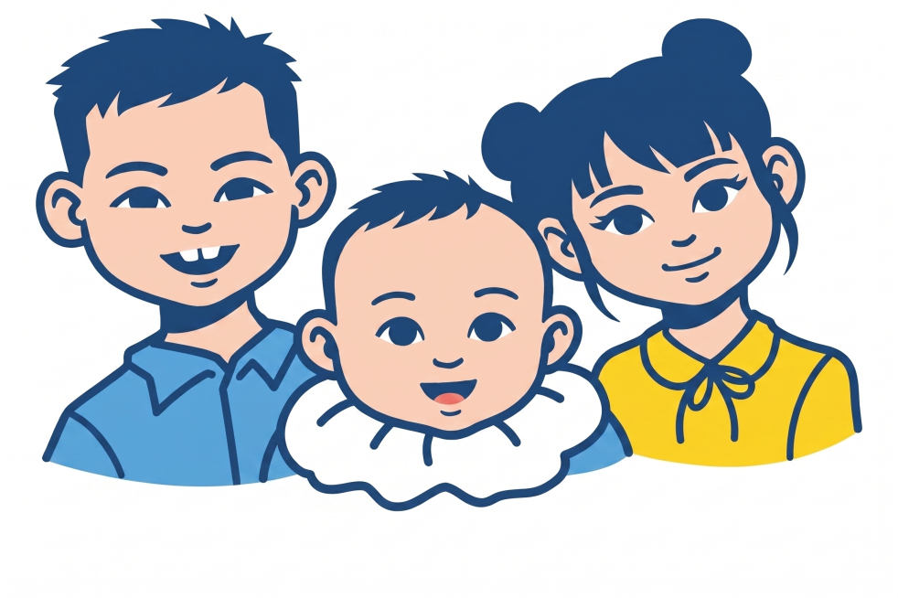 参考原图一家三口的形象，提炼设计成简约扁平化风格LOGO图标，适合应用在食品包装上，干净简洁，识别度高，白色背景预览效果