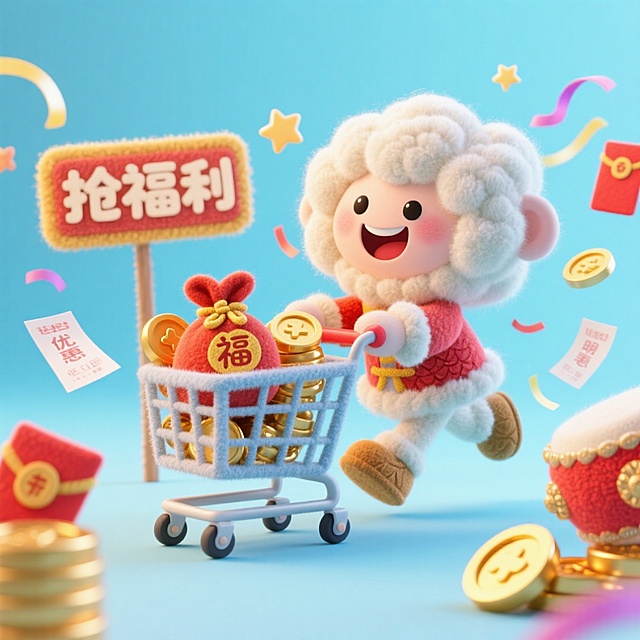 软3D粘土风卡通羊推购物车，满载金币红包，毛发生长质感，喜庆促销氛围，春节主题，抢福利标语点缀，节日感十足。
