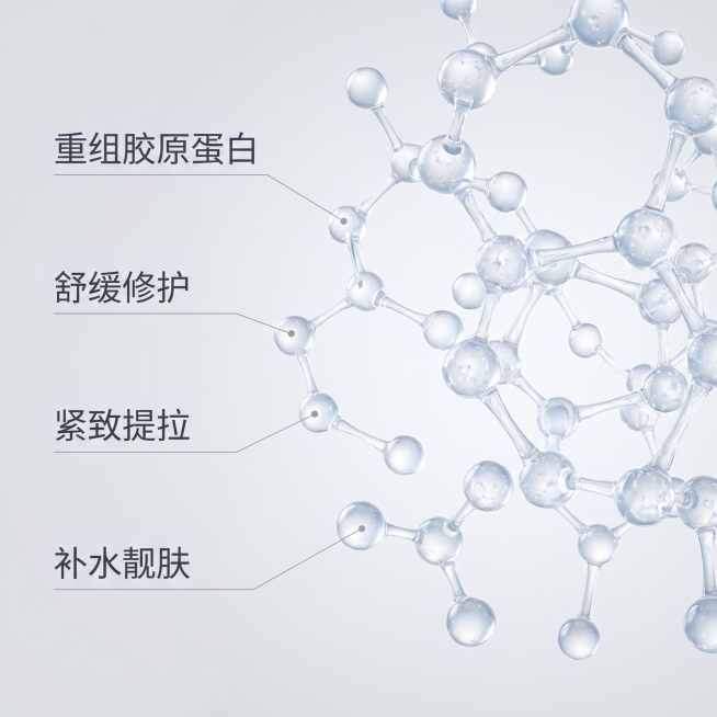 [主图 2] 三型重组胶原蛋白核心功效成分解析图。
[氛围风格] 科研硬核医美风，专业洁净。
[画质] 超写实3D渲染，商业可视化，高清精细质感。
[元素] 全屏展示高精度错落排列的3D微观三型胶原蛋预览效果