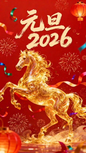 创作2026元旦海报，主色调以红色为主，图中央带有一匹金色流光、飘逸十足的马，节日氛围浓烈，“元旦 2026”字体带有书法狂草潇洒异常的感觉预览效果
