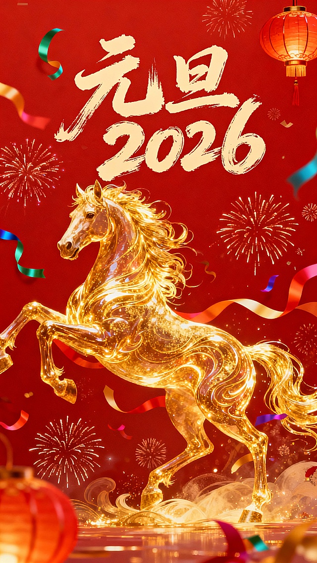 创作2026元旦海报，主色调以红色为主，图中央带有一匹金色流光、飘逸十足的马，节日氛围浓烈，“元旦 2026”字体带有书法狂草潇洒异常的感觉
