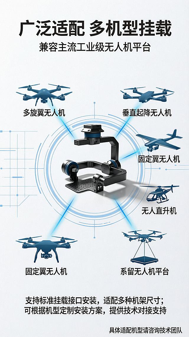 [第5张] 详情页挂载适配机型-SEEKER VTA/VTH吊舱无人机兼容性说明。本张使用【图2】作为吊舱产品小图。
[氛围/风格] 工业科技风，专业系统示意，清晰直观。
[元素布局] 顶部标题区；中部为挂载适配示意图，中央放置吊舱产品小图（图2），周围环绕4-6个不同类型无人机轮廓图标（多旋翼、垂直起降、固定翼等），用浅蓝线条连接表示挂载适配；底部为适配说明文字区；背景浅灰白色，点缀淡蓝色科技网格线；吊舱产品结构、颜色与输入图2一致。
[光影质感] 整体柔光均匀，产品有轻微投影，图标线条清晰，画面干净专业。
[配色色系] 全局底色 #F5F8FA（浅灰白）；主色白色；辅助色 #6BA8D9（浅蓝线条与图标）；文字深灰色。
[视角构图] 中心辐射式构图，阅读动线顶部标题 → 中央吊舱+环绕机型示意 → 底部适配说明。
[文字版式] 顶部主标题「广泛适配 多机型挂载」，副标题「兼容主流工业级无人机平台」；环绕图标分别标注：多旋翼无人机、垂直起降无人机、固定翼无人机、无人直升机、系留无人机平台；底部说明文字：「支持标准挂载接口安装，适配多种机架尺寸；可根据机型定制安装方案，提供技术对接支持」；右下角小字「具体适配机型请咨询技术团队」。
[比例分辨率] 9:16 竖版比例，4K分辨率，文字清晰可辨，高清画质。
[负向提示词] 产品变形，图标模糊，文字错乱，文字过小，水印，手持云台字样，相机云台字样。