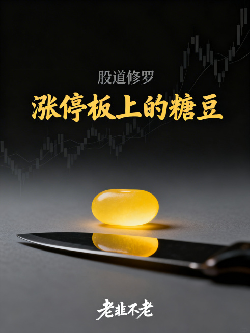 极简美学风格，背景为深灰到黑色的渐变，隐约带有抽象化的K线图纹路，不具象。前景是一颗亮黄色发光糖豆，放置在画面中央偏下位置，糖豆的倒影中映出一把刀的轮廓，隐喻刀与糖。画面包含文字：主标题"涨停板上的糖预览效果
