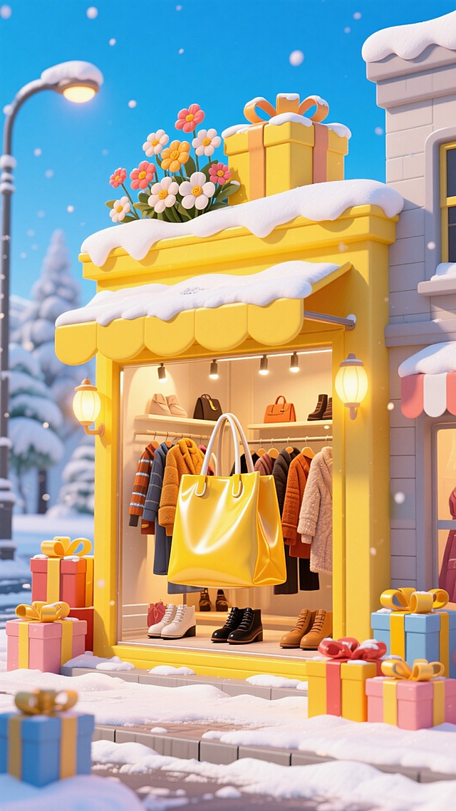 黄色购物袋，内部是服装店店铺（秋冬鞋服、包），暖黄灯光。购物袋顶部有覆着雪的礼盒、花朵。周围点缀礼盒，冬日雪景街道背景，蓝天
