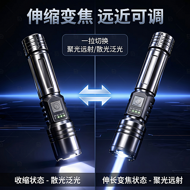 [主图-5] 伸缩变焦卖点主图，保持暗黑科技风格和详情页统一，左右分栏对比展示收缩状态和伸长变焦状态，保持手电外观颜色和原图一致，中间双向箭头标注变焦。顶部大字标题"伸缩变焦 远近可调"，说明文字"一拉切换 聚光远射/散光泛光"。比例1:1，分辨率2k，添加低透明度隐形防盗水印，对比清晰，风格统一。负向提示词：变形，水印明显，文字错乱，产品模糊，背景杂乱。