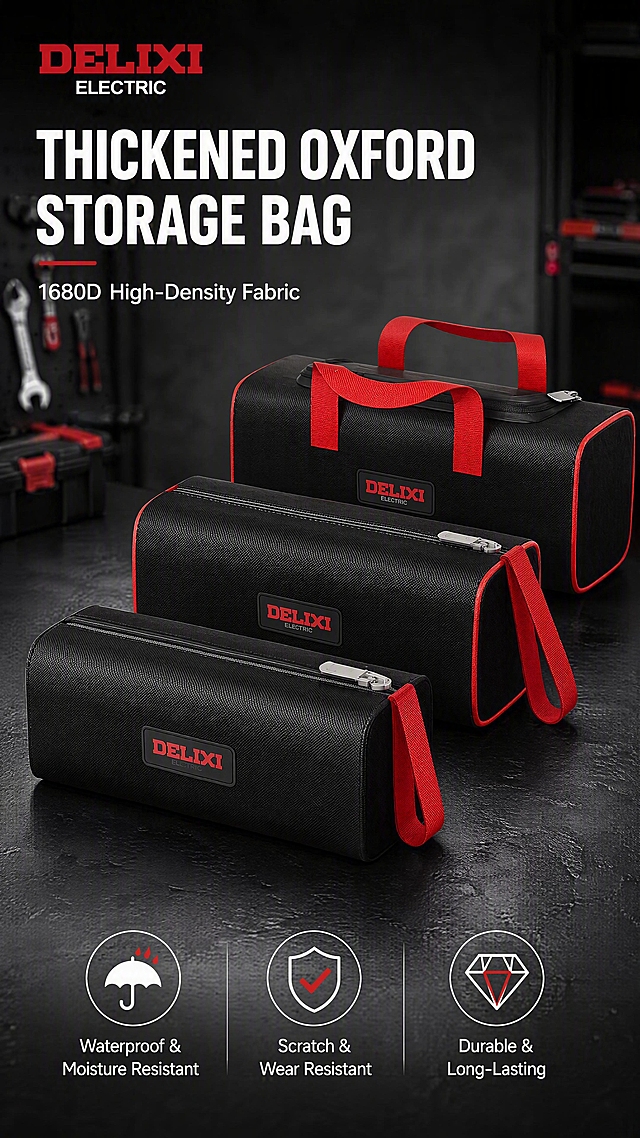 [第1张] DELIXI Thickened Oxford Cloth Storage Bag hero poster. This image uses [image1] as the product subject, showing all 3 sizes of black storage bags with red handles and DELIXI logo.
[Atmosphere/Style] Industrial professional style, commercial product photography, premium quality feel, bold and clean design for Douyin e-commerce.
[Element Layout] Three storage bags (small, medium, large) arranged diagonally from bottom-left to top-right on a dark textured workbench surface, occupying about 65% of the frame. Top-left area reserved for brand logo and main title. Bottom area has feature icons. Product structure, material texture, black color with red trim, DELIXI branding must match the input product image exactly.
[Lighting] Studio lighting from top-left, soft shadows to the right, highlight on the zipper and handle to emphasize texture, overall bright and clear with depth.
[Color Scheme] Global background dark charcoal gray #2A2A2A; main color black #000000 with red accent #E60012; text white #FFFFFF.
[Perspective] Slightly elevated 3/4 view, shallow depth of field, product as visual center, reading flow top-left brand -> center product -> bottom features.
[Text Layout] Top-left: DELIXI ELECTRIC logo. Main title in large bold white text "THICKENED OXFORD STORAGE BAG", subtitle below "1680D High-Density Fabric". Bottom section: 3 feature icons with labels - umbrella icon "Waterproof & Moisture Resistant", shield icon "Scratch & Wear Resistant", diamond icon "Durable & Long-Lasting". All text in English, clear and readable, not blocking the product.
[Proportion/Resolution] 9:16 vertical ratio, 4K resolution, clear legible text, high definition quality.
[Negative Prompt] Deformed bags, missing parts, wrong colors, watermark, garbled text, blurry product, messy background, Chinese characters, distorted zippers, wrong logo