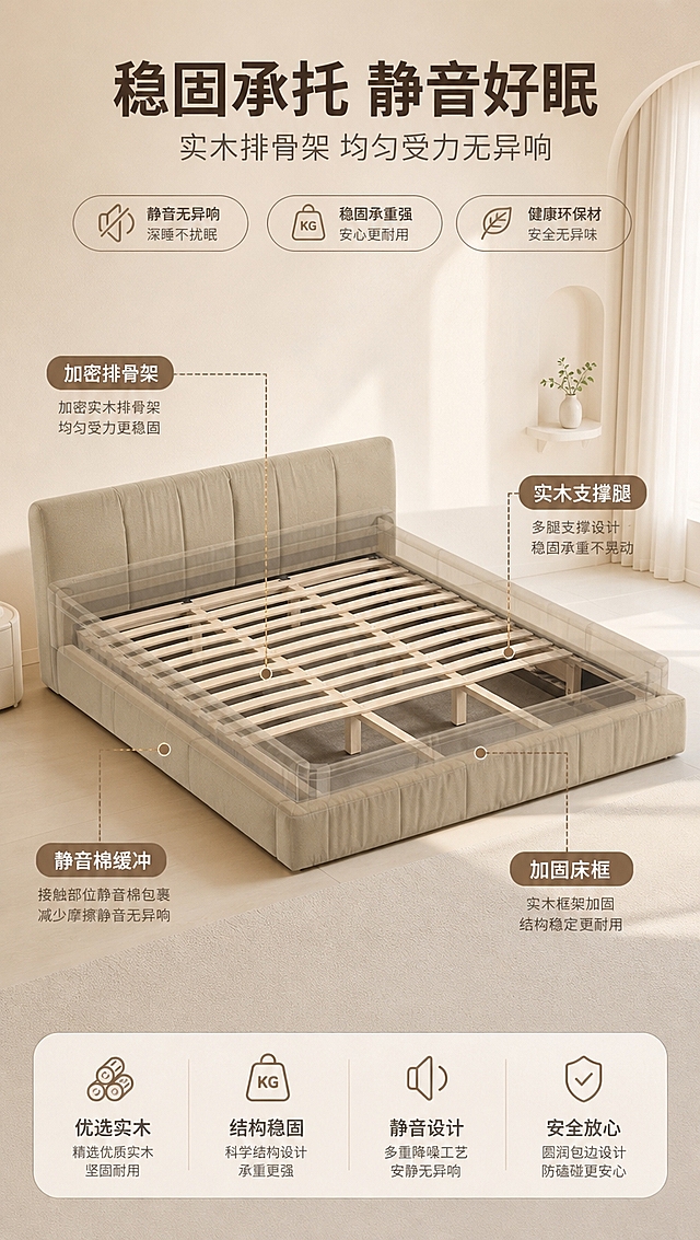 [商品] 使用【图1】卡其米色落地围边布艺软包床；保留整体外形、卡其米色、落地围边结构；以半透明透视效果展示内部排骨架与床架结构，不改变外部轮廓和颜色。
[画面] 目标：结构承托页，解析床架内部排骨架与稳固结构，强调静音承托。构图：中间为床的3/4侧视透视效果图，床架面料半透明，露出内部实木排骨架与支撑结构，占画面约65%；用虚线引线分层标注结构；上下留白区放文案；背景为浅米色简约空间。
[视觉] 套系策略：风格=现代奶油风高级家居商业摄影；标题字=思源黑体粗体；正文字=思源黑体常规；主色=卡其米杏；背景延展=基于卡其米杏做深浅层级、同色渐变和细腻墙漆/织物质感；强调色=暖棕咖，仅用于小面积图标、引线和标签；标题色=深暖棕；正文色=中暖灰；组件=圆角浅底信息卡、细线引线、胶囊形卖点框；光影=右前侧暖柔光，柔和漫反射。
[文字] 顶部主标题「稳固承托 静音好眠」，副标题「实木排骨架 均匀受力无异响」；床体周围用引线标注4个结构点「加密排骨架」「实木支撑腿」「静音棉缓冲」「加固床框」；文字横向排版，不遮挡核心结构。
[规格] 图片比例9:16竖版，4K分辨率，淘宝/天猫详情页适配，中文文案；避免变形、错字、文字过小、冷蓝背景、床颜色改变、极限词。