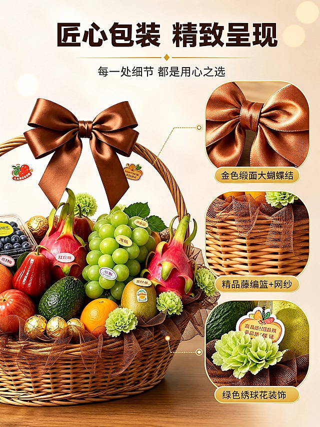 [商品] 使用【图1】幸运-鲜果果篮；商品处理：重点保留和展示藤编果篮纹理、金色网纱、棕色大蝴蝶结丝带、绿色绣球花装饰、贴纸等配饰细节；增强藤编编织纹理清晰度、丝带缎面光泽、网纱通透感、花瓣层次。
[画面] 目标：包装与配饰细节页，突出精品包装的档次感与用心。采用结构特写+局部放大版式，画面左侧为果篮整体侧视图（占40%），右侧为3个配饰细节特写圆形/圆角区块纵向排列（占60%）。从上到下：顶部特写=金色缎面大蝴蝶结细节，展示丝滑光泽；中部特写=藤编篮编织纹理+网纱花边细节；底部特写=绿色绣球花+装饰贴纸细节。各特写区块有引线标注对应名称。
[视觉] 套系策略：风格=高端生鲜商业摄影，精致清新有质感；标题字=现代简约粗黑体，字重加粗；正文字=简洁无衬线体；主色=暖金棕+鲜果绿；背景延展=米白到浅杏的柔和渐变，局部有柔和光斑；强调色=暖金色，仅用于引线、图标、小标签装饰；标题色=深棕褐色；正文色=中暖灰；组件=圆角特写框、金色细线引线、配饰名称小标签；光影=柔和侧光突出材质纹理，缎面有高光反射，藤编有明暗层次，花瓣有通透感。
[文字] 顶部居中主标题「匠心包装 精致呈现」，副标题「每一处细节 都是用心之选」。右侧每个特写区块旁配引线标注：「金色缎面大蝴蝶结」「精品藤编篮+网纱」「绿色绣球花装饰」。文字全部横排，标签文字清晰可读。
[规格] 宽750px，高1000px（3:4比例），4K分辨率，medium质量。负向：避免变形、错字、文字过小、节日元素、冷蓝调、材质质感失真、蝴蝶结形状改变。