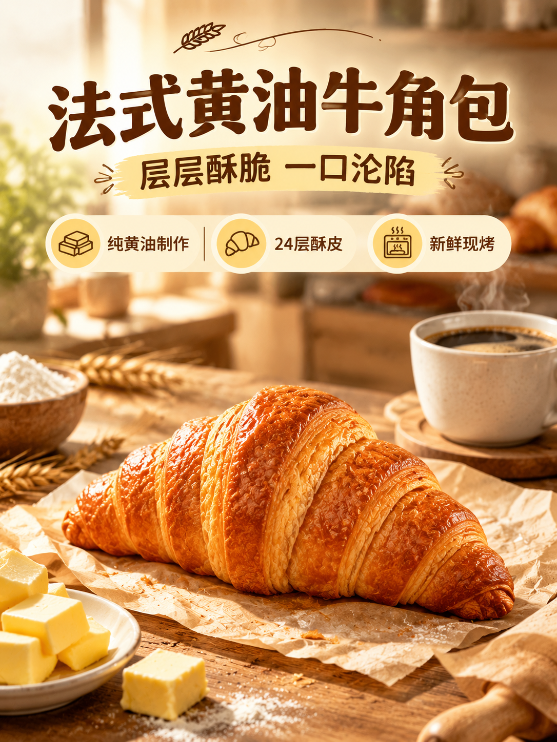 法式牛角包详情页头图，食欲氛围场景。上文下图构图，上方主标题「… - 图片创意预览