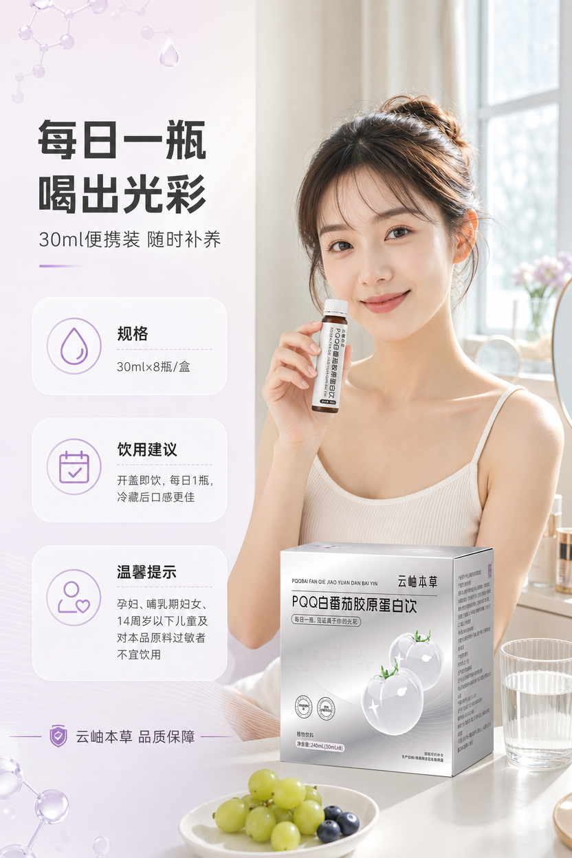 [商品] 使用【图1】云岫本草PQQ白番茄胶原蛋白饮单瓶+外盒… - 图片创意预览