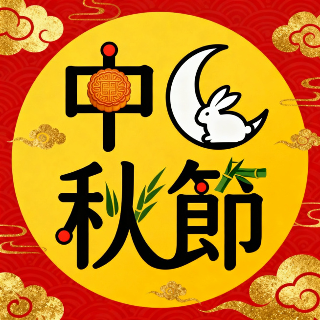 中秋节三个字的颜文字创意海报，将月饼、月亮、玉兔元素融入文字设计，国风配色，中秋团圆氛围预览效果