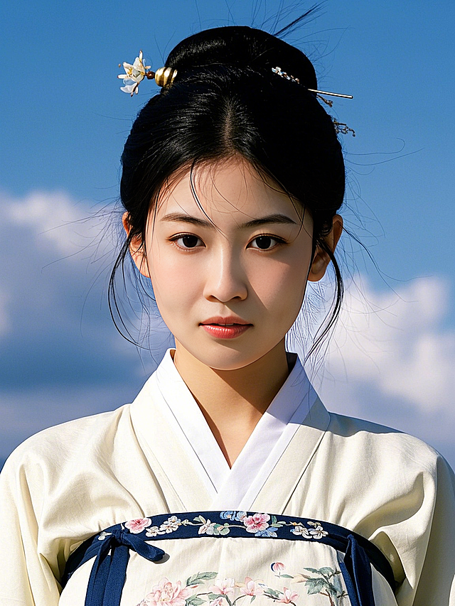 工笔风刺绣汉服少女，清雅古韵中透出柔和清新，古典中式美学与文艺气质交融，蓝天白云下尽显优雅唯美感。