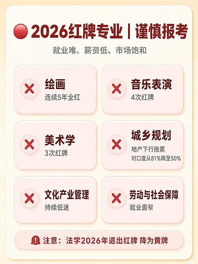 小红书图文内页，暖色调简约风，米白色背景，柔和圆角卡片，3:4竖版。顶部标题深红色粗黑体：「🔴 2026红牌专业｜谨慎报考」，副标题浅灰色小字：就业难、薪资低、市场饱和。下方六个浅红色圆角卡片，两列三行排列，柔和阴影，每张卡片左侧有红色小叉号：第一张：绘画 连续5年全红；第二张：音乐表演 4次红牌；第三张：美术学 3次红牌；第四张：城乡规划 地产下行拖累 对口度从81%降至50%；第五张：文化产业管理 持续低迷；第六张：劳动与社会保障 就业面窄。底部浅红色圆角条深红色字：「注意：法学2026年退出红牌 降为黄牌」。整体温暖柔和，红色不刺眼，文字全部在安全区内。4K高清。
