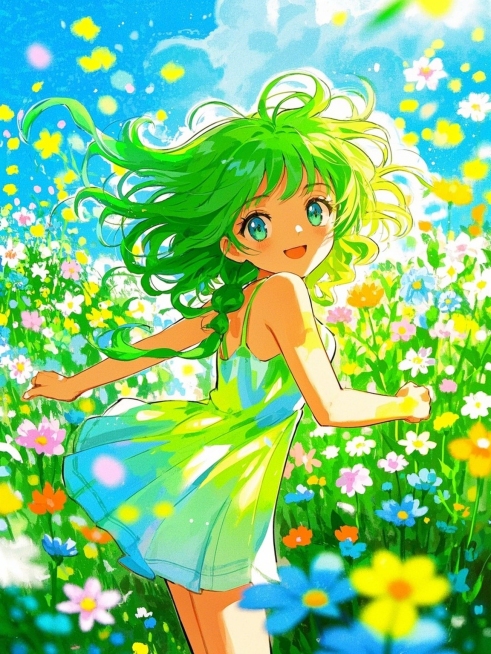 绿色长发的女生背影，模糊背景，灵动，背景是绿色的花海，彩色花朵点缀，动态模糊摄影预览效果