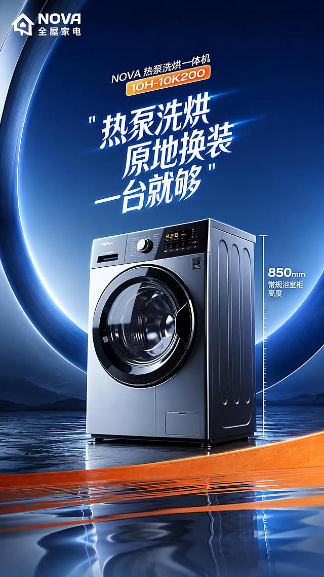 图生图模式：参考第1张图的9:16竖版家电海报版式（顶部左侧白色品牌logo；其下橙色小标签与橙色机型编码圆角标签；白色斜排带引号的三行大标题；中部产品大图与背后蓝紫渐变大圆环光环；产品右侧竖排参数字；底部橙色横带与水面倒影；深蓝藏青渐变背景带光晕），主体替换为第2张图中的银灰色滚筒洗衣机（镀铬镜面门体、数显控制面板、金属质感机身，保持外观、结构、颜色与细节完全一致）。生成冷色调为主的9:16竖版淘宝/天猫商品海报。

画面结构（自上而下）：
- 顶部左侧白色logo：「NOVA 全屋家电」（带小图标）
- 其下橙色小标签白字：「NOVA 热泵洗烘一体机」
- 橙色圆角标签白字：「10H-10K200」
- 白色斜排大标题（三行，带引号与发光效果）：「热泵洗烘」「原地换装」「一台就够」
- 中部主体：银灰色滚筒洗衣机置于深色水面反射地面上，机身后方有蓝青色发光的巨大圆环光环
- 右侧竖排白色小参数：「850mm」「常规浴室柜 高度」，配细线标注
- 底部橙色横带与镜面水波倒影，画面下部呈蓝青色反光

整体要求：冷色调氛围强（深蓝、藏青、青蓝为主，橙色仅作小面积点缀），产品银灰色机身与镀铬镜面门体质感准确，全部文字使用「阿里巴巴普惠体」风格（现代无衬线黑体、字形方正、笔画均匀、字重清晰），字体清晰无错别字无乱码，数字准确，无任何水印。